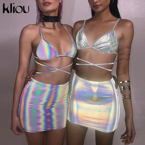 Kliou 2019 new women fashion sexy two pieces set silver shiny material lace up camisole skirts outfit summer festival clothing