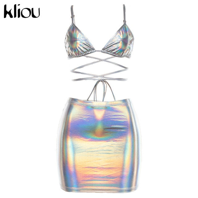 Kliou 2019 new women fashion sexy two pieces set silver shiny material lace up camisole skirts outfit summer festival clothing